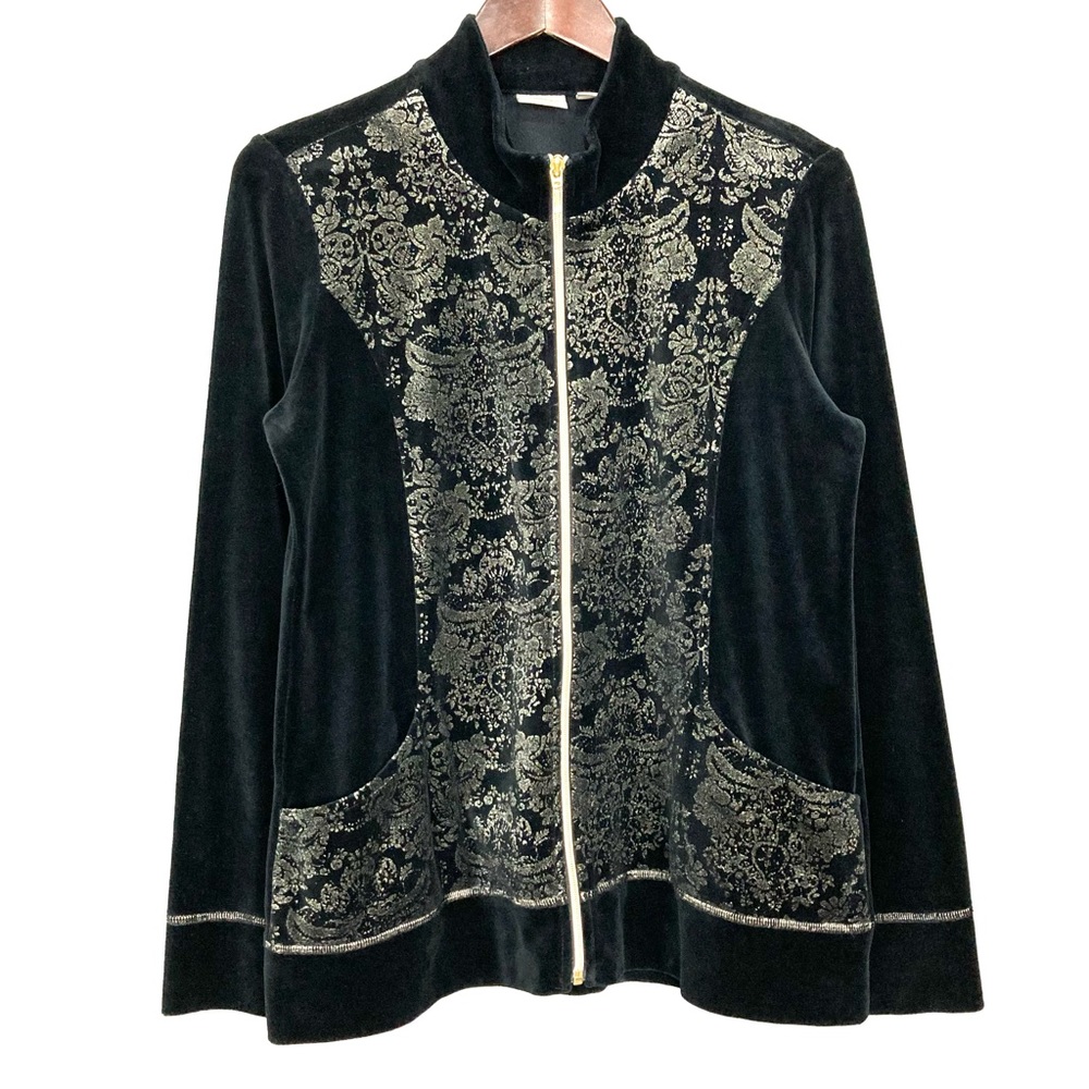 Chico’s Zenergy Velour Foil-Print Jacket Women’s Size M Zip Front Mock Neck Gold